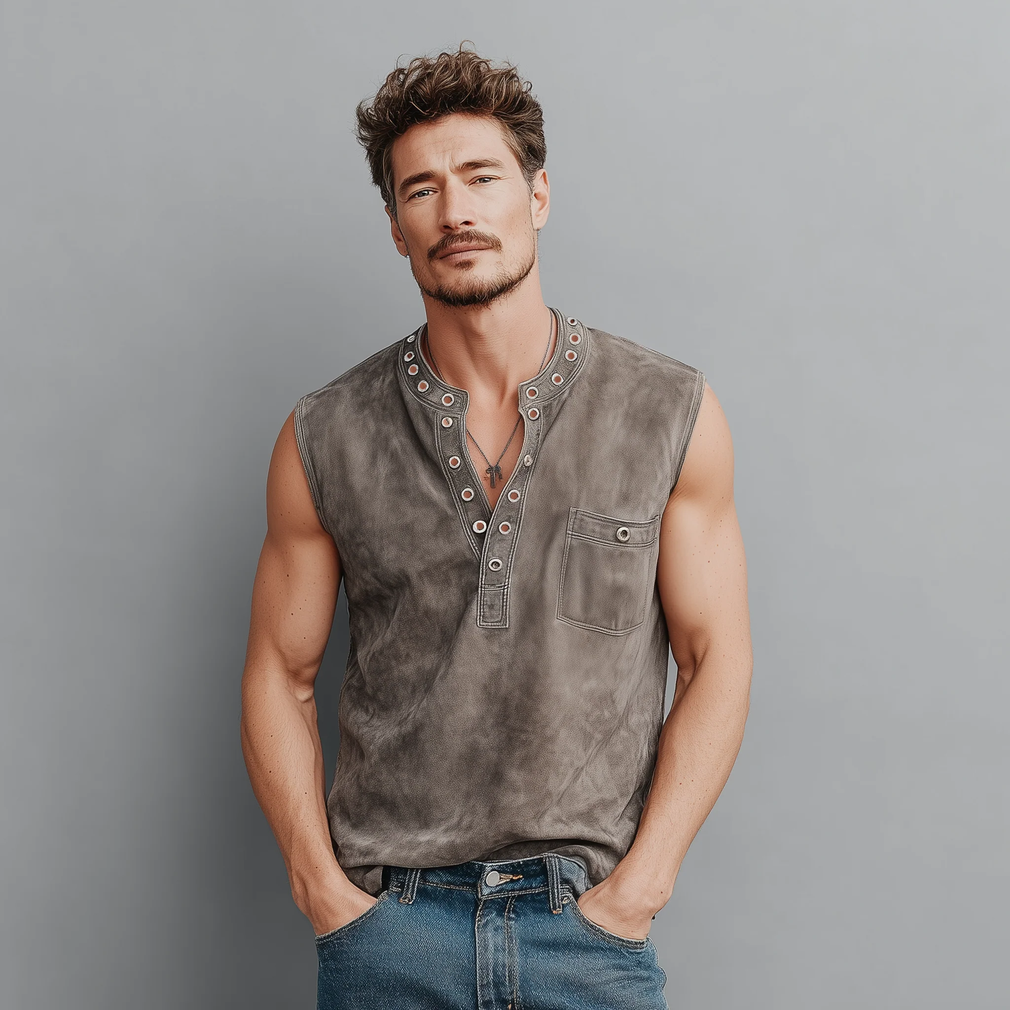 Theo | Men'S Spring And Summer Casual Thin Suede Henry Collar Decorated Rivet Slim Fit Tank Top - Image 3