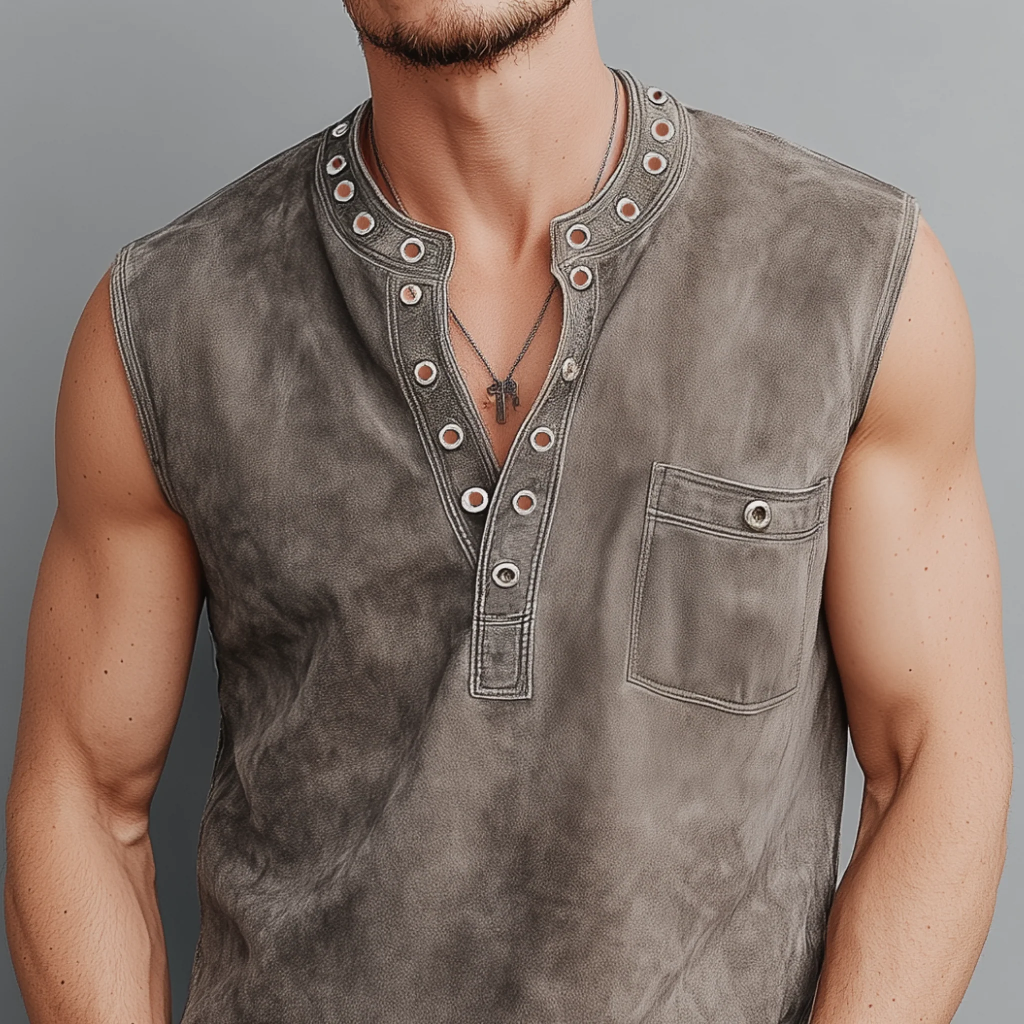 Theo | Men'S Spring And Summer Casual Thin Suede Henry Collar Decorated Rivet Slim Fit Tank Top - Image 4
