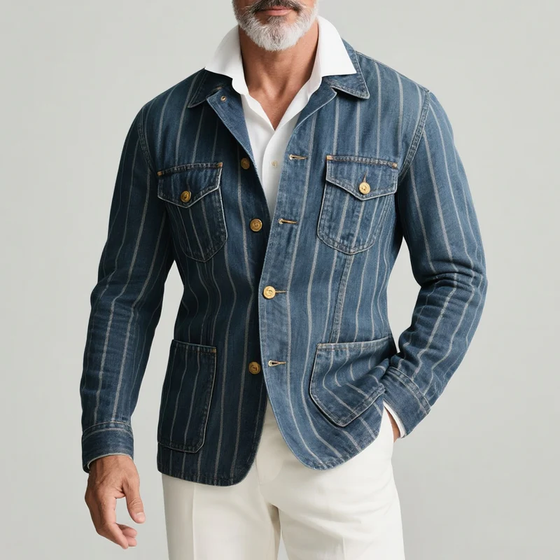 Thomas | Men'S Striped Denim Lapel Multi-Pocket Single Breasted Jacket - Image 2