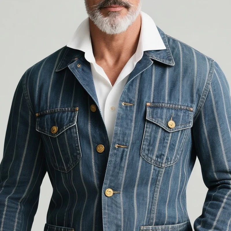 Thomas | Men'S Striped Denim Lapel Multi-Pocket Single Breasted Jacket - Image 3