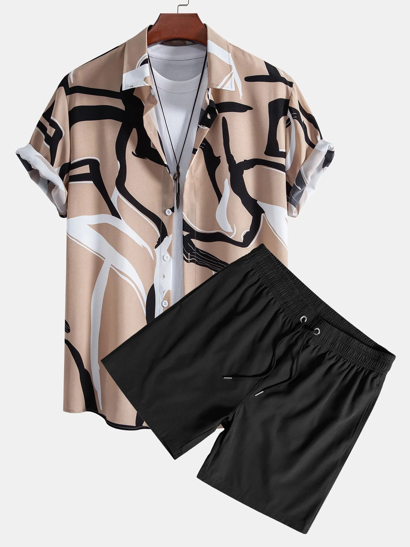 Todd® | Abstract Print Button Up Shirt & Solid Drawstring Swim Shorts - Image 2
