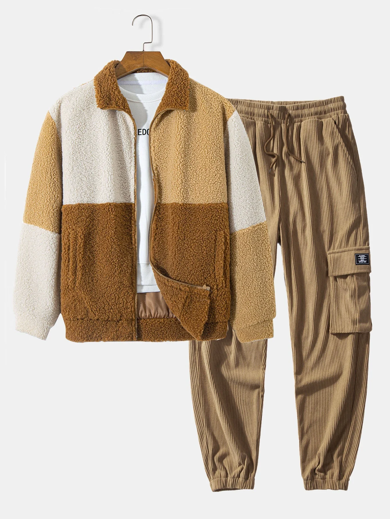 Tony® | Color Block Teddy Fleece Coat & Drawstring Corduroy Cargo Jogger Pants - Image 2