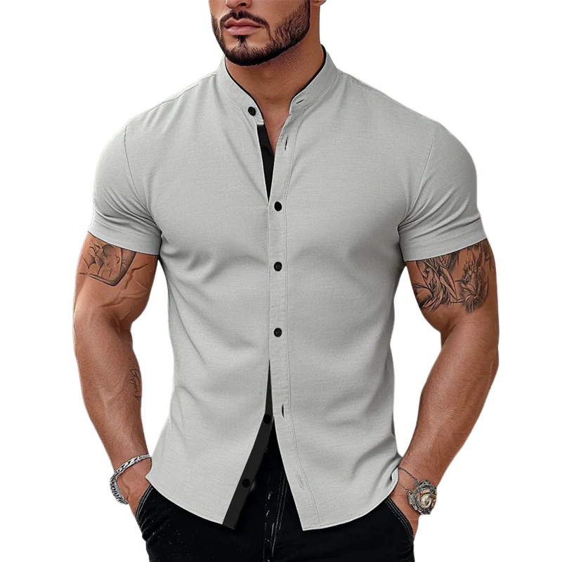 Tony | Men'S Stand Collar Cotton Blend Short Sleeve Shirt
