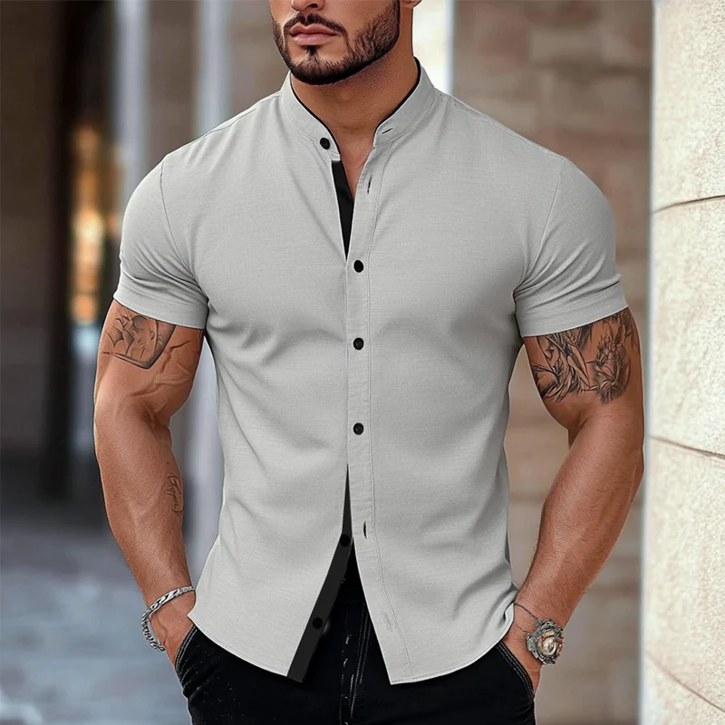 Tony | Men'S Stand Collar Cotton Blend Short Sleeve Shirt - Image 2