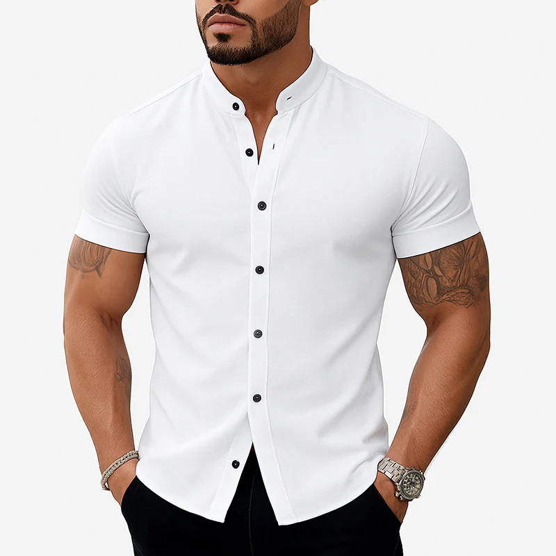 Tony | Men'S Stand Collar Cotton Blend Short Sleeve Shirt - Image 3