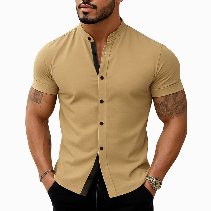 Tony | Men'S Stand Collar Cotton Blend Short Sleeve Shirt - Image 4
