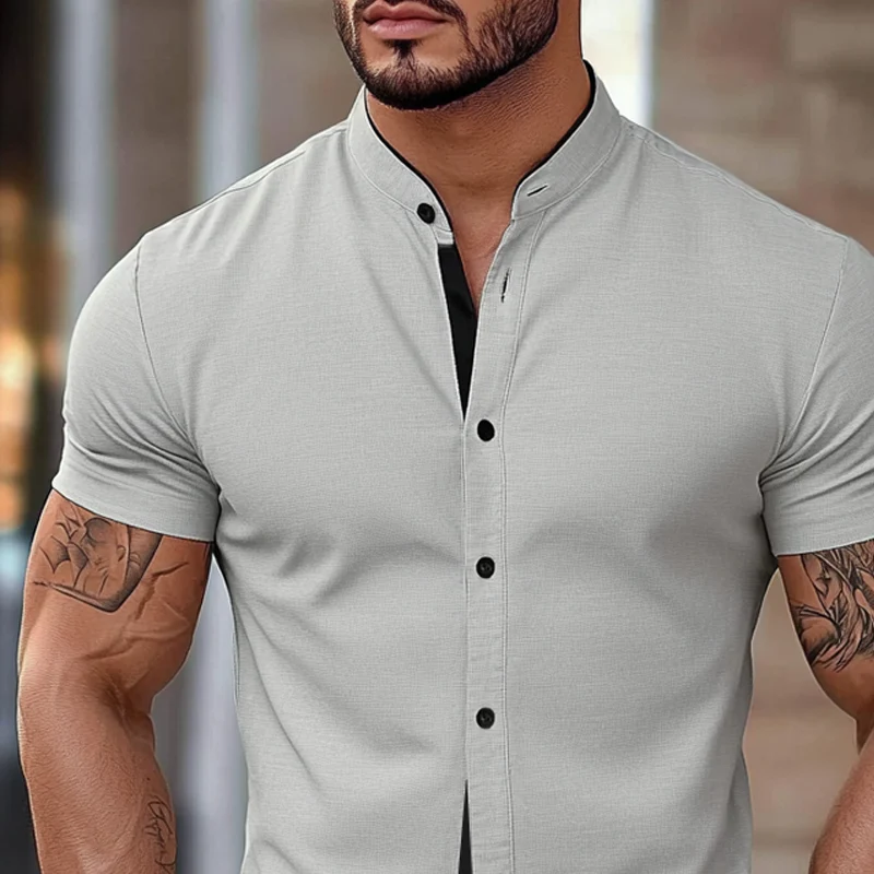 Tony | Men'S Stand Collar Cotton Blend Short Sleeve Shirt - Image 6