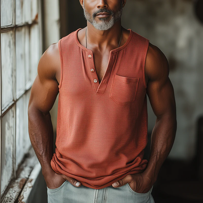 Tracey | Men'S Summer Fashion Waffle Cotton Blend Henley Neck Tank Top - Image 2