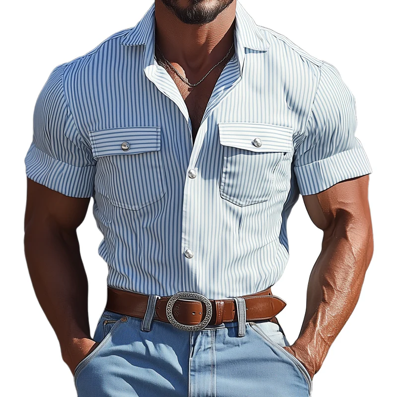 Travis | Men'S Striped Lapel Chest Pocket Short Sleeve Shirt