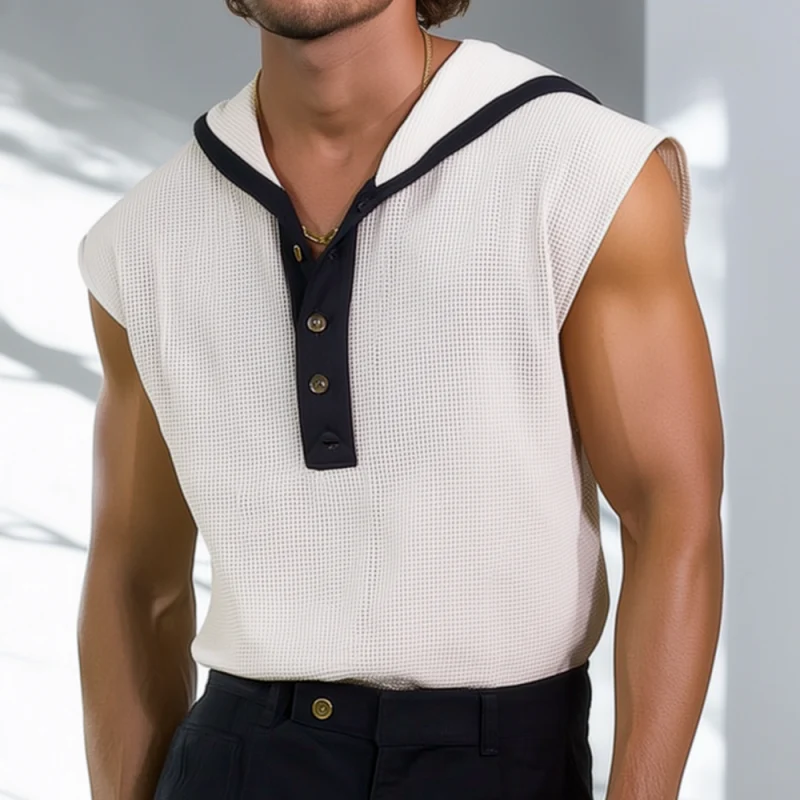 Trent | Men'S Casual Breathable Waffle Colorblock Henley Collar Hooded Loose Tank Top - Image 2