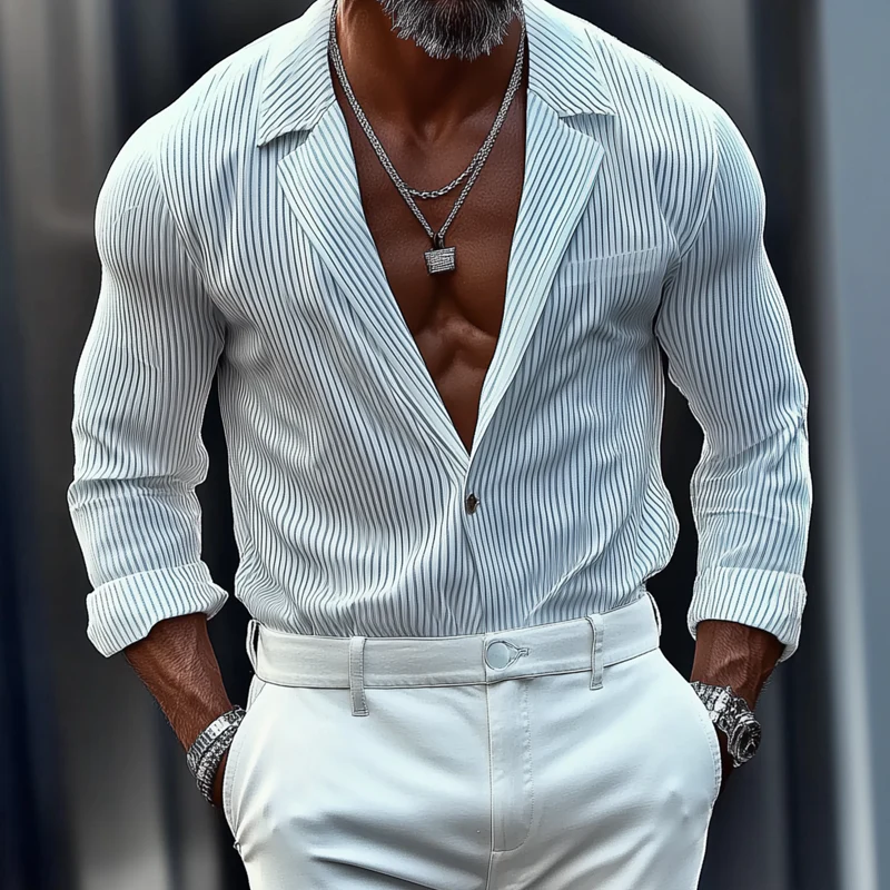 Trevor | Men'S Striped Notch Lapel Chest Pocket Long Sleeve Shirt - Image 2