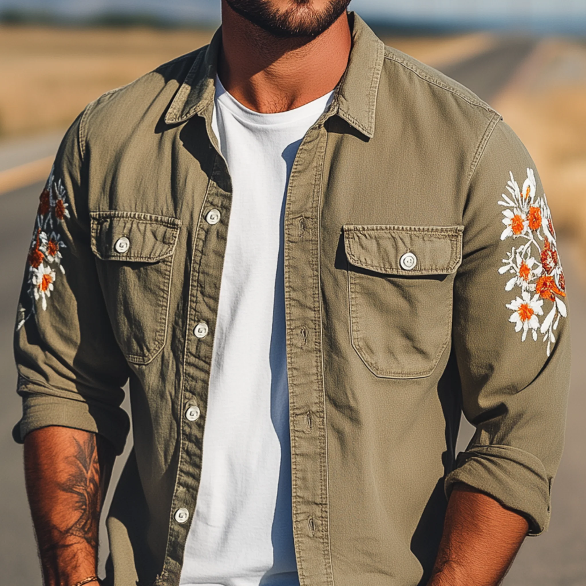 Trevor | Men'S Vintage Casual Washed Cotton Blend Sleeve Embroidered Long Sleeve Shirt - Image 4