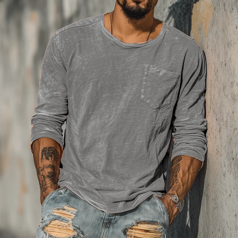 Troy | Men'S Spring And Summer Casual Tough Guy Style Round Neck Raw Edge Bamboo Cotton Long Sleeve T-Shirt - Image 2