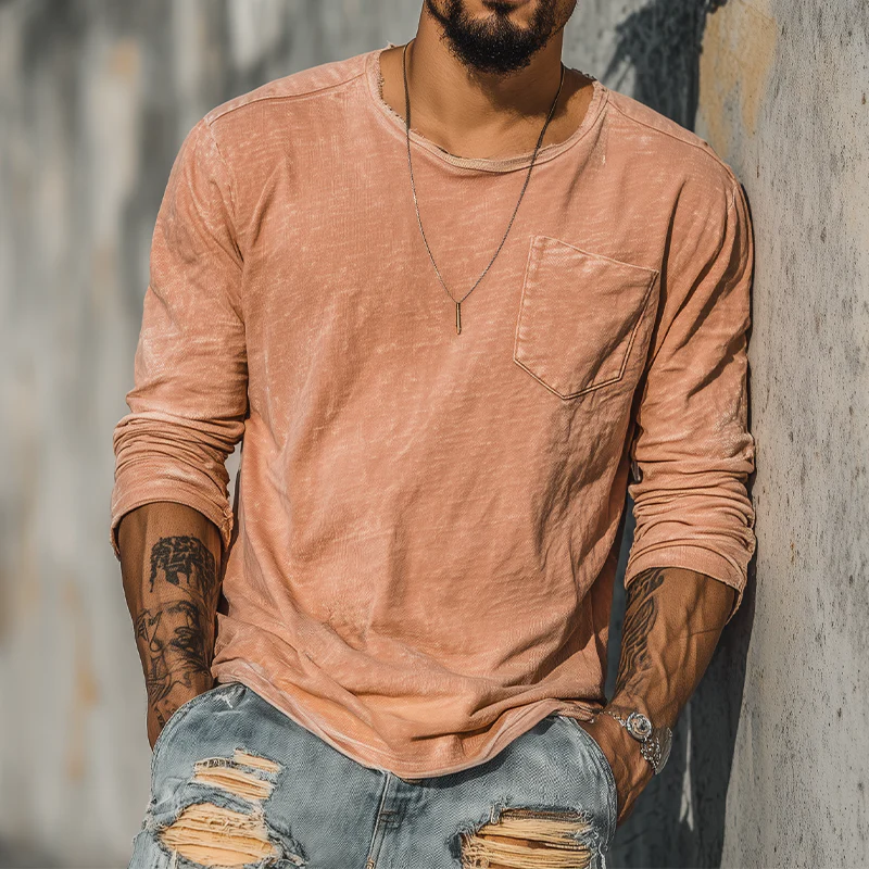 Troy | Men'S Spring And Summer Casual Tough Guy Style Round Neck Raw Edge Bamboo Cotton Long Sleeve T-Shirt - Image 3