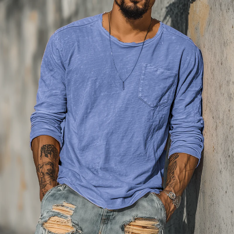 Troy | Men'S Spring And Summer Casual Tough Guy Style Round Neck Raw Edge Bamboo Cotton Long Sleeve T-Shirt - Image 4