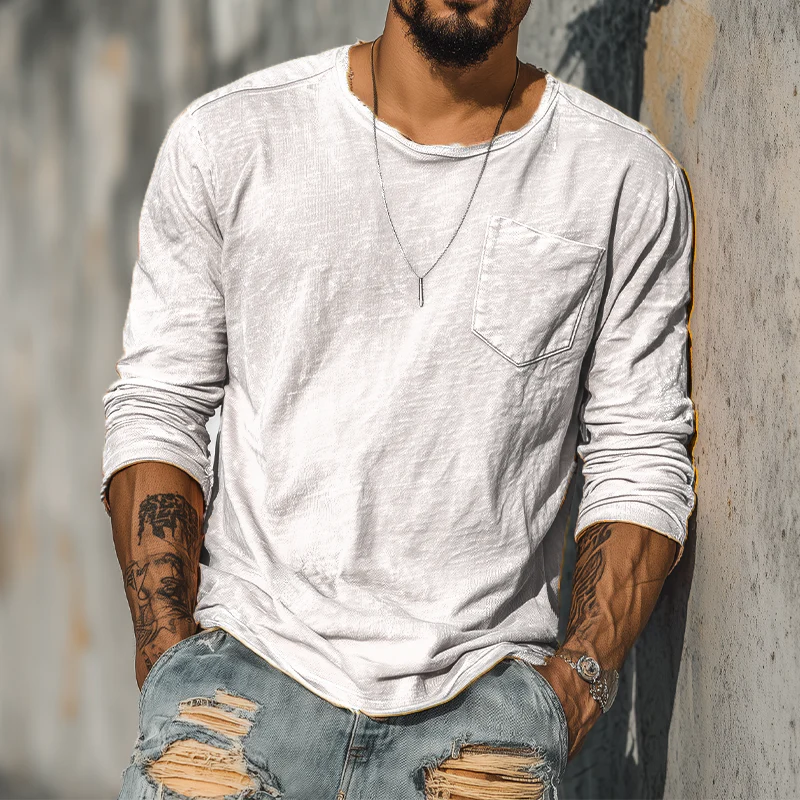 Troy | Men'S Spring And Summer Casual Tough Guy Style Round Neck Raw Edge Bamboo Cotton Long Sleeve T-Shirt - Image 5
