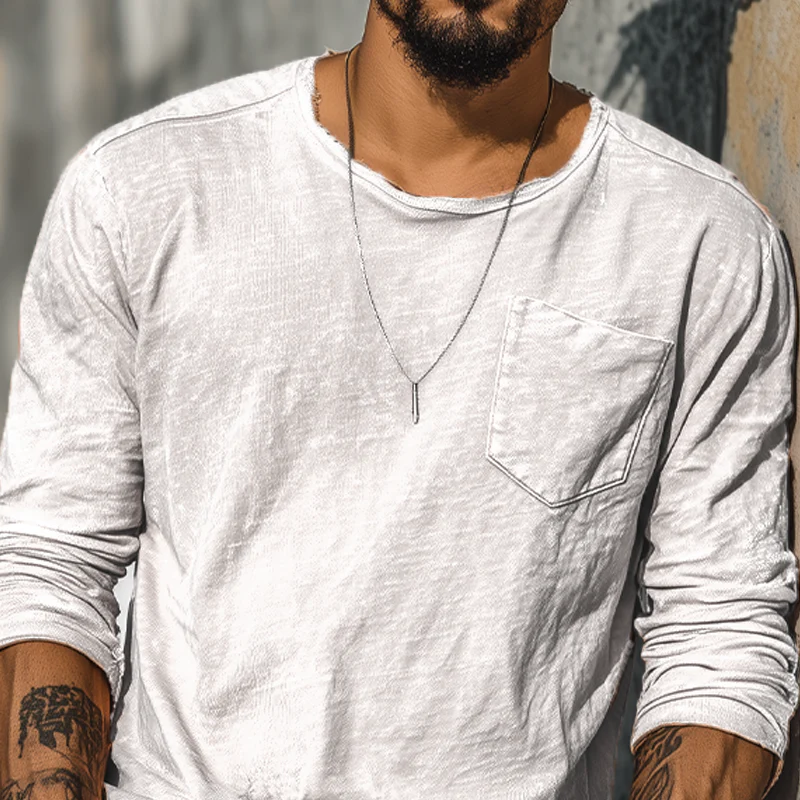 Troy | Men'S Spring And Summer Casual Tough Guy Style Round Neck Raw Edge Bamboo Cotton Long Sleeve T-Shirt - Image 8