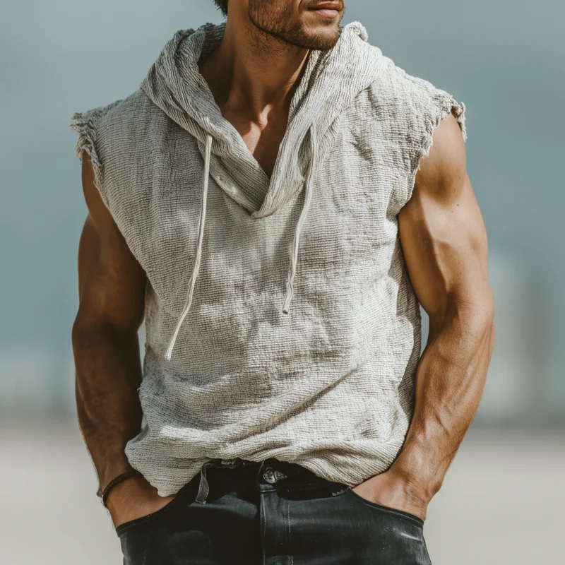 Ty | Men'S Casual Breathable Cotton Linen Striped Hooded Loose Raw Edge Sleeveless Tank Top - Image 2