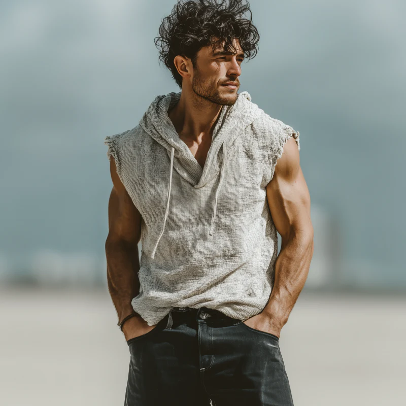 Ty | Men'S Casual Breathable Cotton Linen Striped Hooded Loose Raw Edge Sleeveless Tank Top - Image 3