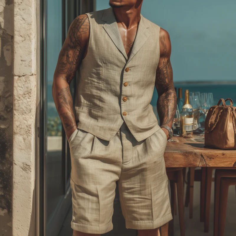 Tyrell | Men'S Casual Breathable Solid Color Cotton Linen Notched Lapel Single-Breasted Slim-Fit Suit Vest Shorts Set - Image 2