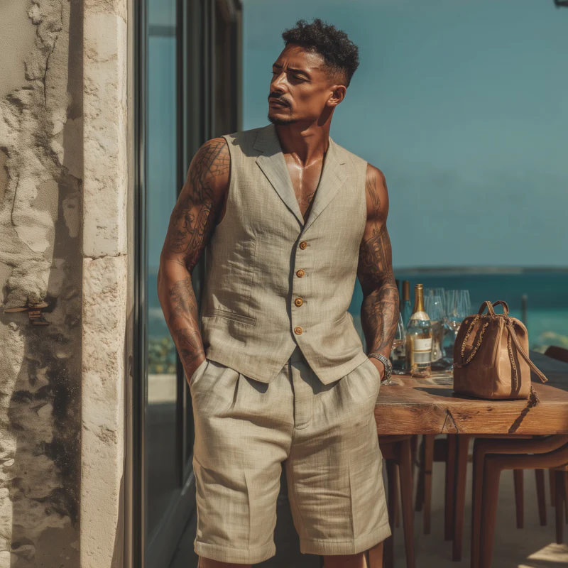 Tyrell | Men'S Casual Breathable Solid Color Cotton Linen Notched Lapel Single-Breasted Slim-Fit Suit Vest Shorts Set - Image 3