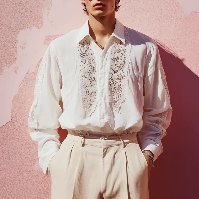 Ulysses | Men'S Casual Breathable Lace Chiffon Patchwork Lapel Loose Long-Sleeved Shirt - Image 2