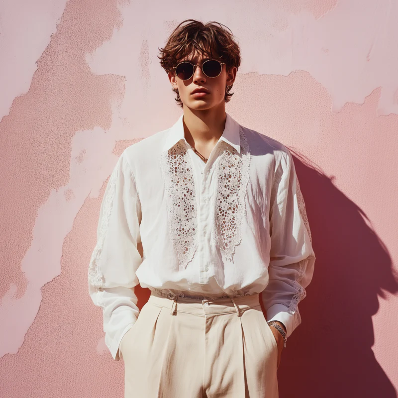 Ulysses | Men'S Casual Breathable Lace Chiffon Patchwork Lapel Loose Long-Sleeved Shirt - Image 3