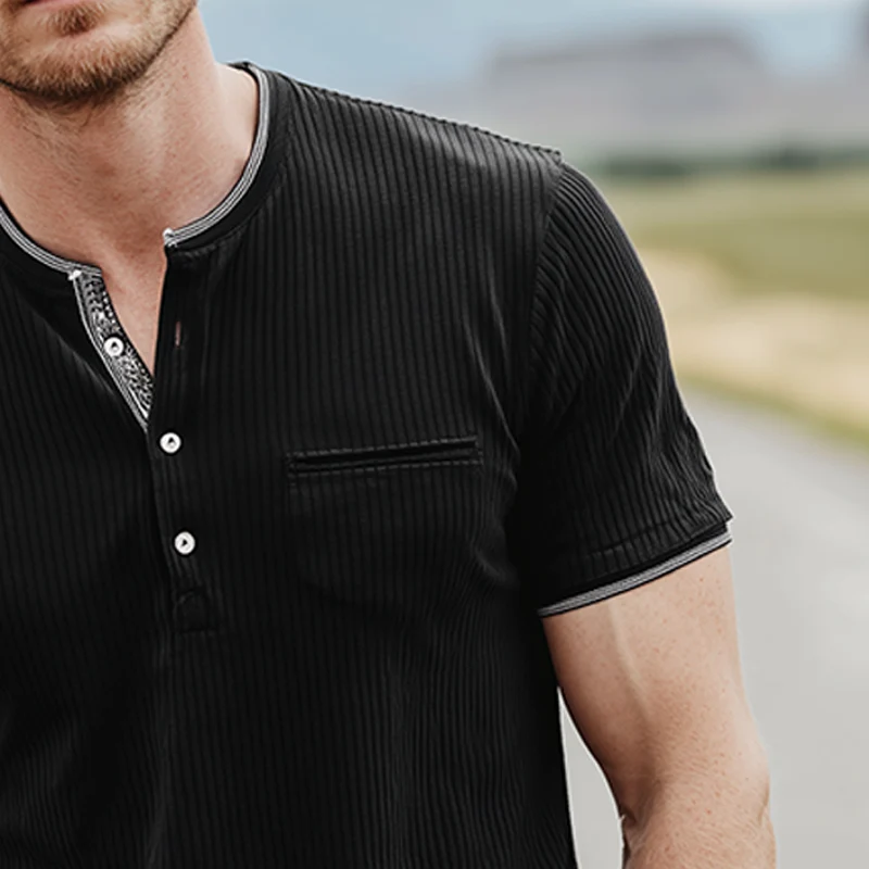 Ulysses | Men'S Spring And Summer Classic Casual Henley Collar Striped Textured Fabric Slim Fit Short Sleeve T-Shirt - Image 5