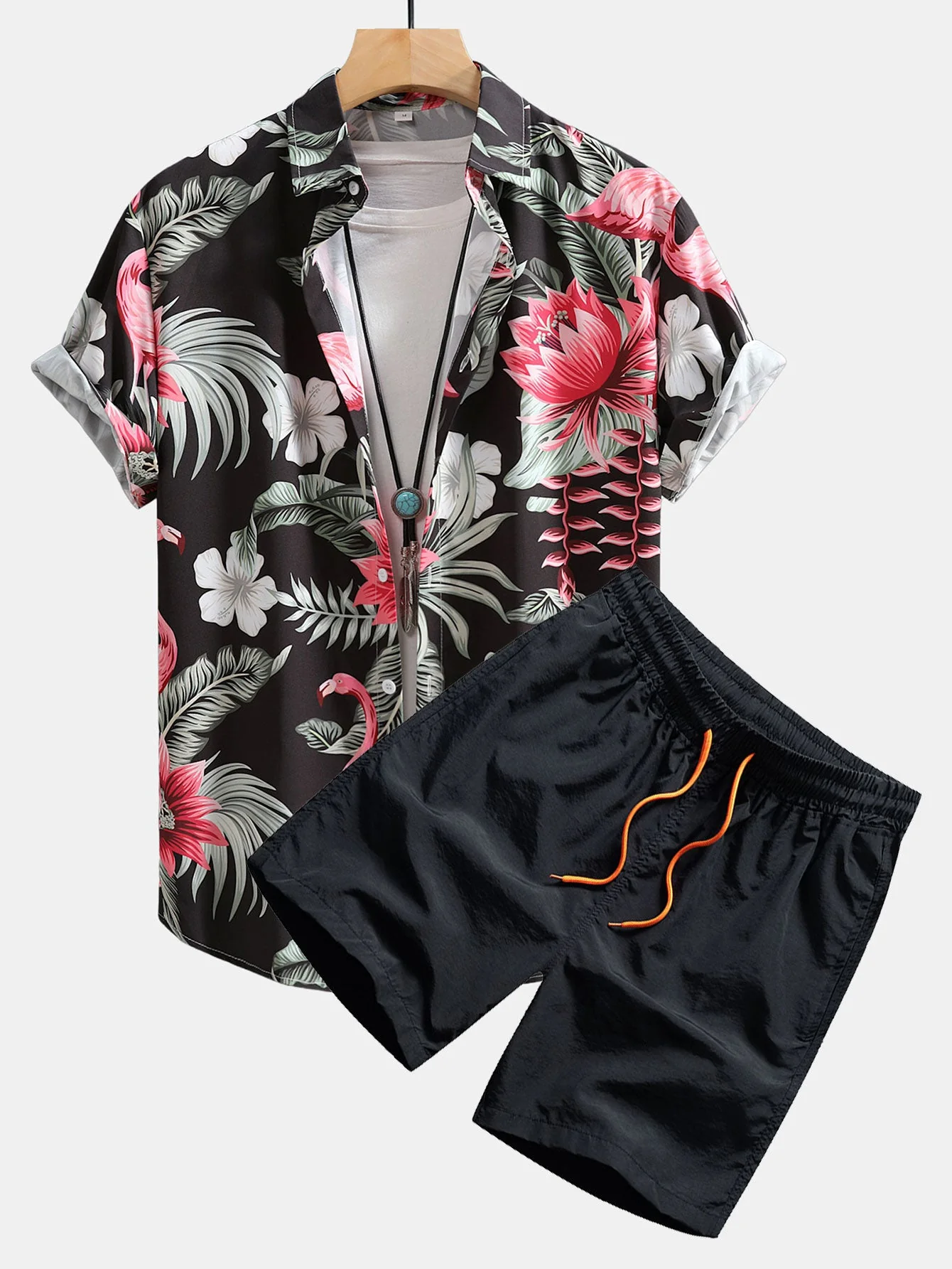 Urbano® | Flamingo Flower Print Button Up Shirt & Swim Shorts - Image 2