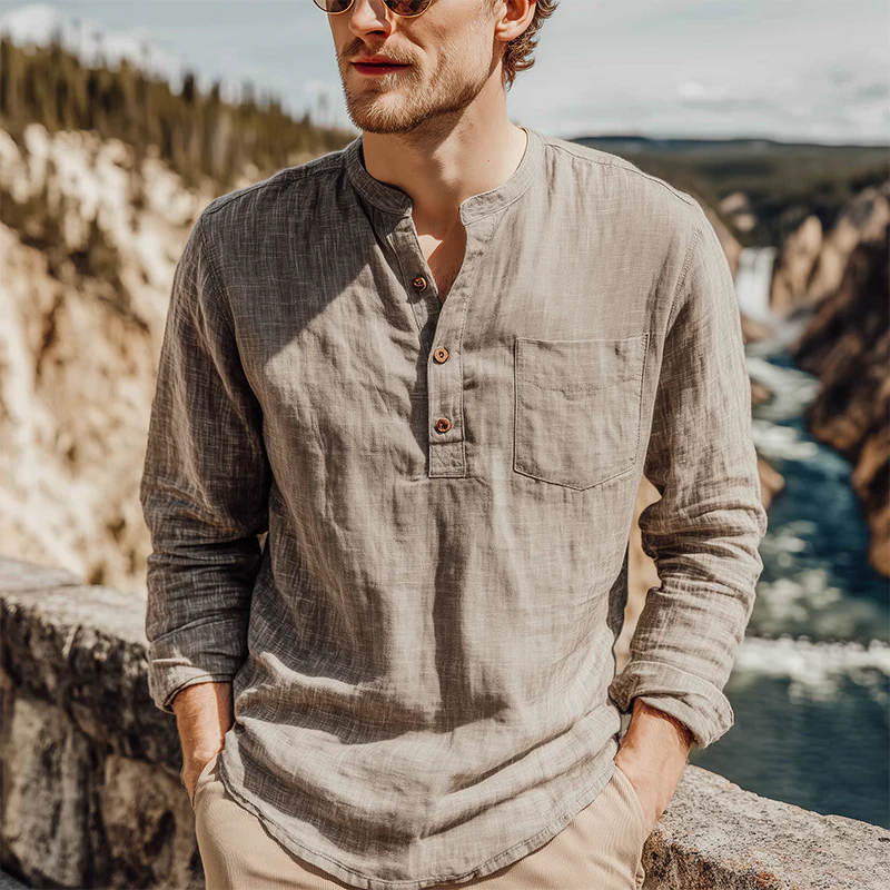 Uriah | Men'S Spring And Summer Classic Casual Henley Collar Cotton And Linen Loose Long Sleeve T-Shirt - Image 2