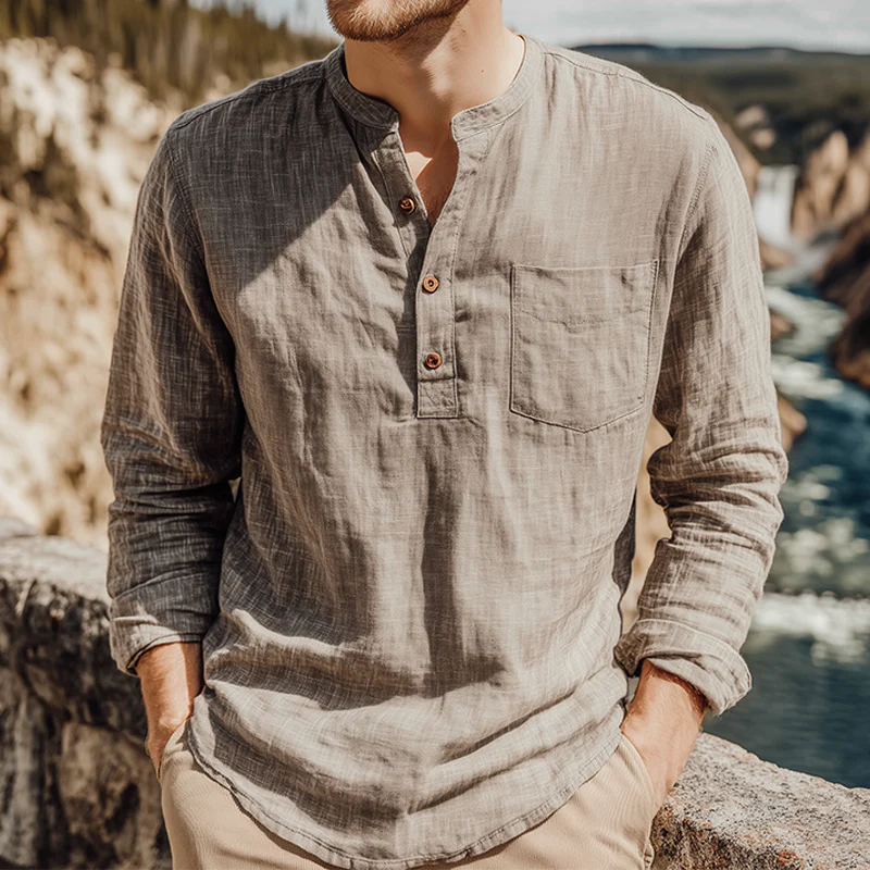Uriah | Men'S Spring And Summer Classic Casual Henley Collar Cotton And Linen Loose Long Sleeve T-Shirt - Image 3