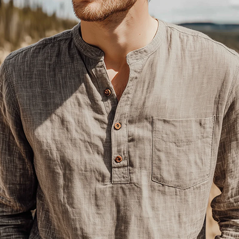 Uriah | Men'S Spring And Summer Classic Casual Henley Collar Cotton And Linen Loose Long Sleeve T-Shirt - Image 4