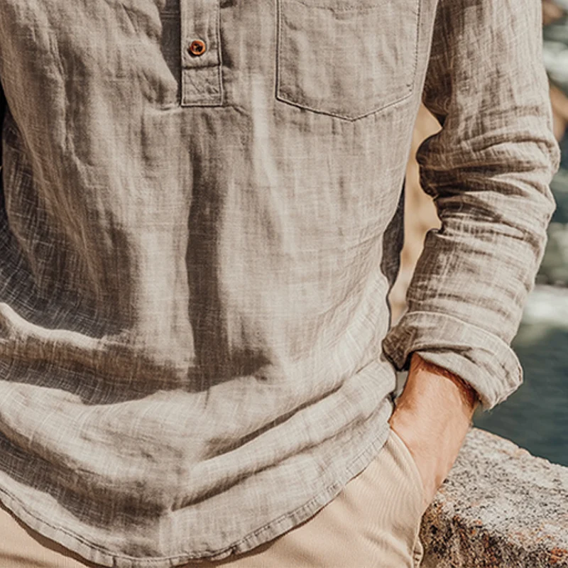 Uriah | Men'S Spring And Summer Classic Casual Henley Collar Cotton And Linen Loose Long Sleeve T-Shirt - Image 5