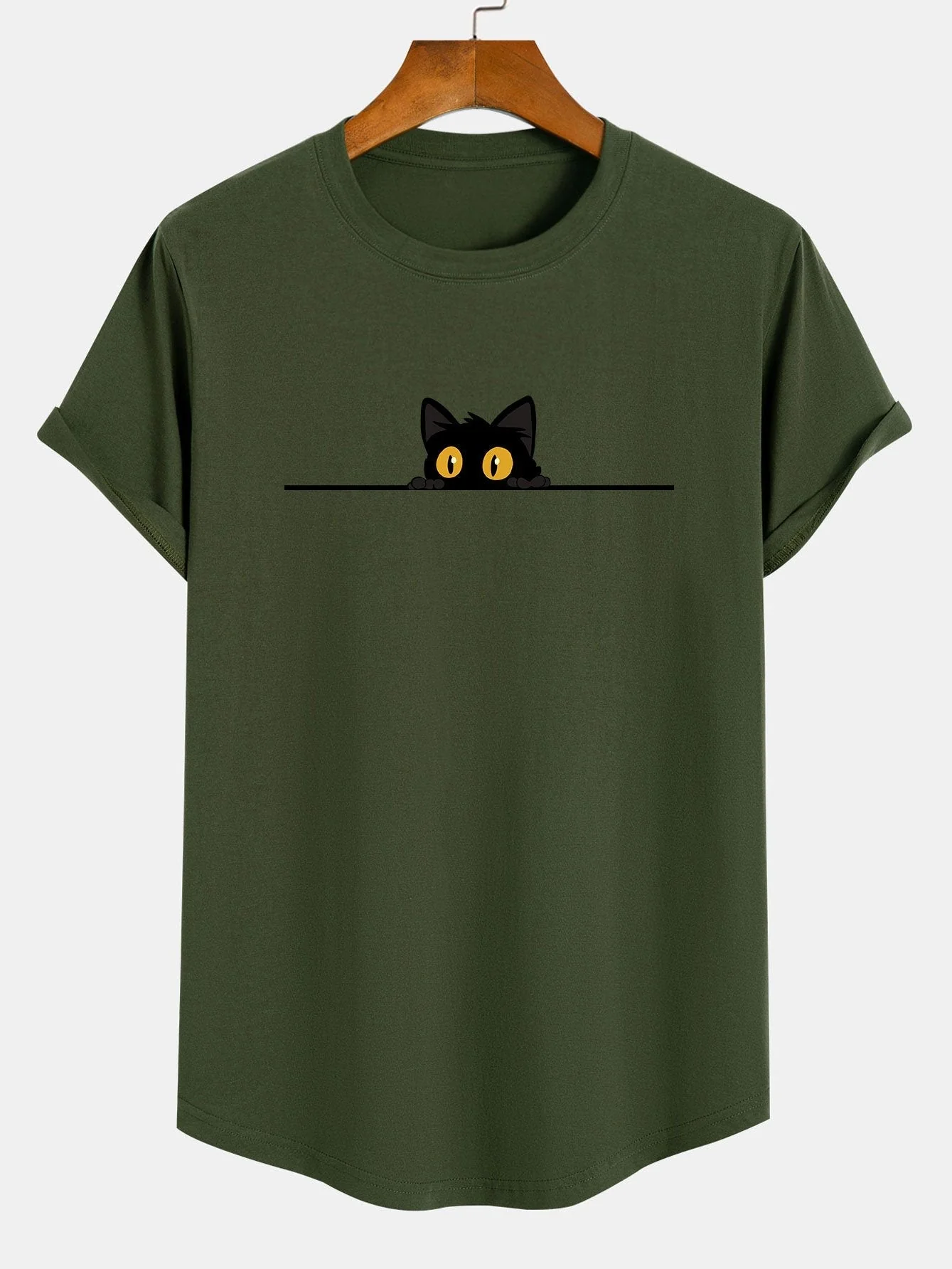 Valerio® | Black Cat Print Cotton Arc Hem T-Shirt - Image 4