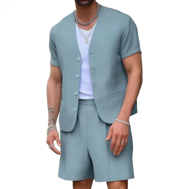 Vaughn | Men'S Casual Breathable Solid Color Cotton Blend V-Neck Short-Sleeved Shirt Suit Shorts Set (T-Shirt Excluded)