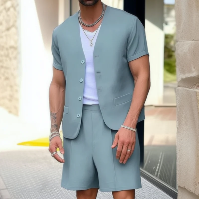 Vaughn | Men'S Casual Breathable Solid Color Cotton Blend V-Neck Short-Sleeved Shirt Suit Shorts Set (T-Shirt Excluded) - Image 2