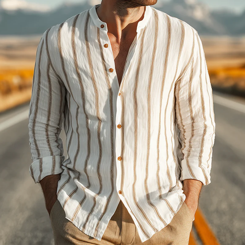 Vaughn | Men'S Spring And Summer Classic Casual Stand-Up Collar Tencel Cotton Blend Vertical Striped Long-Sleeved Shirt - Image 3