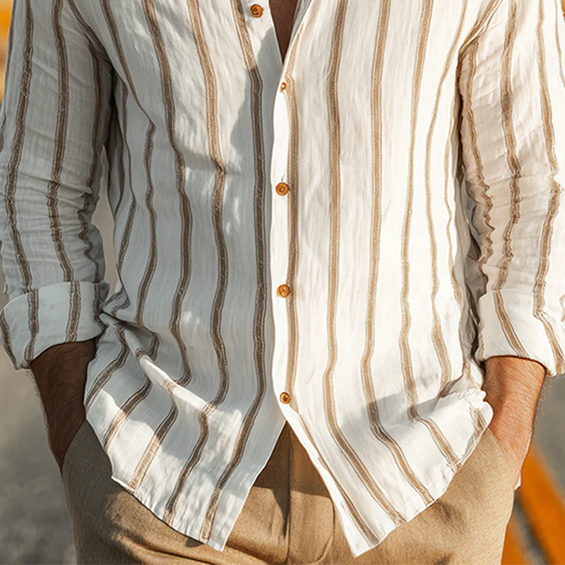 Vaughn | Men'S Spring And Summer Classic Casual Stand-Up Collar Tencel Cotton Blend Vertical Striped Long-Sleeved Shirt - Image 5