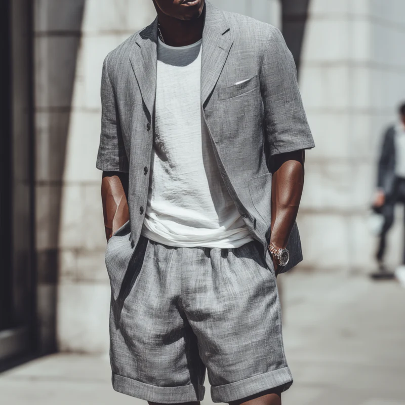 Vern | Men'S Casual Breathable Cotton Linen Notch Lapel Short-Sleeved Blazer Suit Shorts Set (T-Shirt Excluded) - Image 2