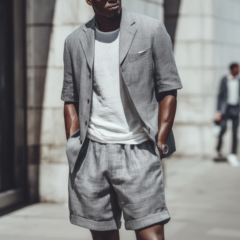 Vern | Men'S Casual Breathable Cotton Linen Notch Lapel Short-Sleeved Blazer Suit Shorts Set (T-Shirt Excluded) - Image 3