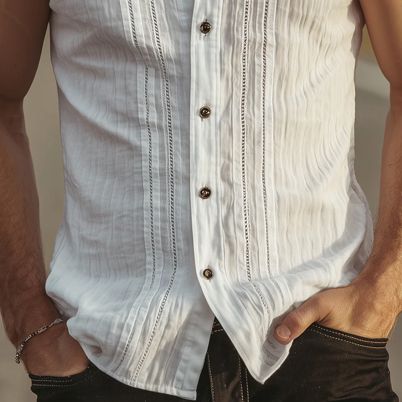 Vern | Men'S Spring And Summer Classic Casual Tencel Cotton Blended Texture Hollow Stand Collar Slim Sleeveless Shirt - Image 8