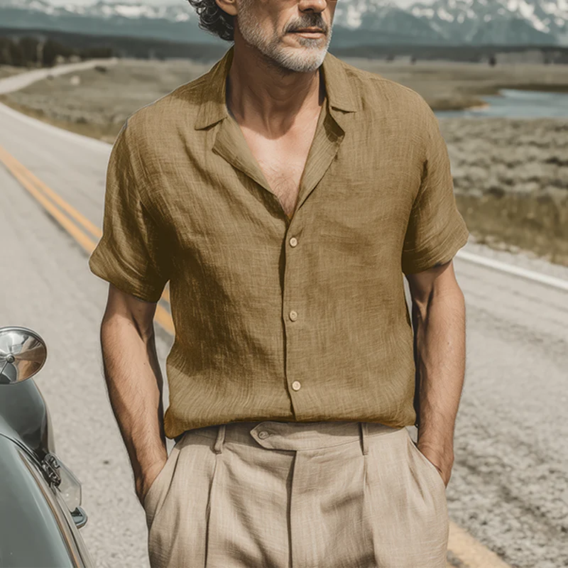 Vic | Men'S Spring And Summer Classic Casual Cotton And Linen Mixed Color Texture Breathable Short-Sleeved Shirt - Image 2