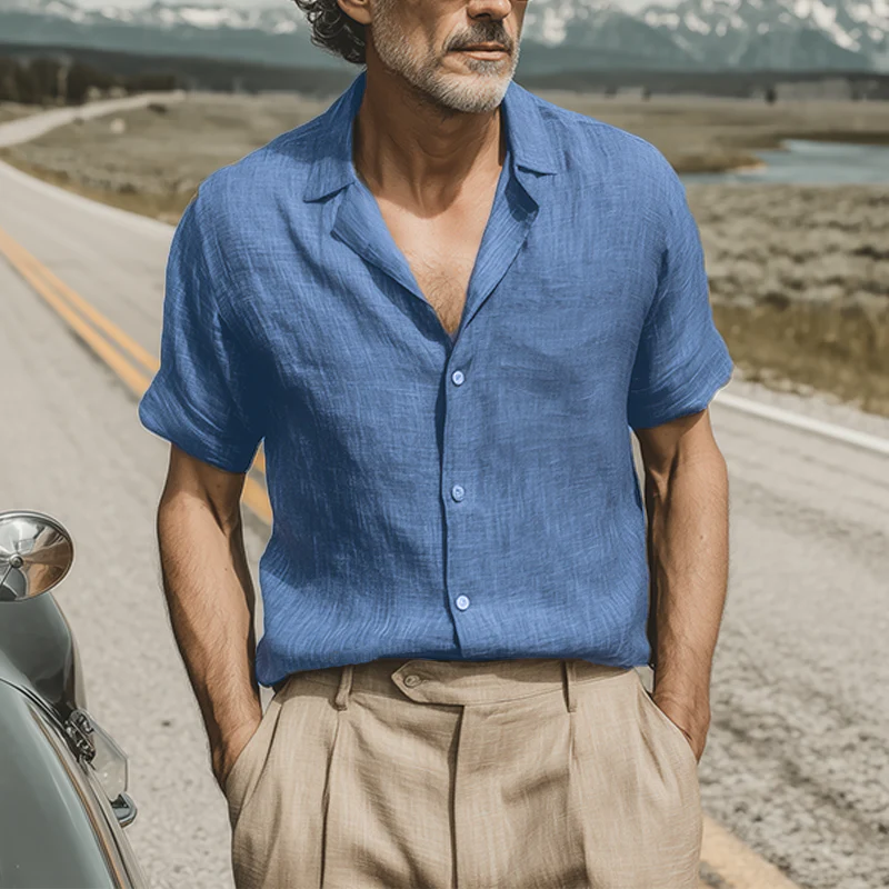 Vic | Men'S Spring And Summer Classic Casual Cotton And Linen Mixed Color Texture Breathable Short-Sleeved Shirt - Image 3