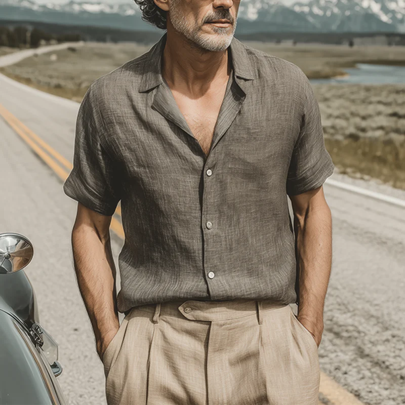 Vic | Men'S Spring And Summer Classic Casual Cotton And Linen Mixed Color Texture Breathable Short-Sleeved Shirt - Image 5