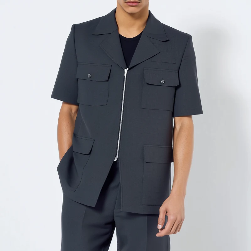 Vicente | Men'S Casual Solid Color Cotton Blend Notch Lapel Zipper Placket Multi-Pocket Short Sleeve Jacket - Image 2