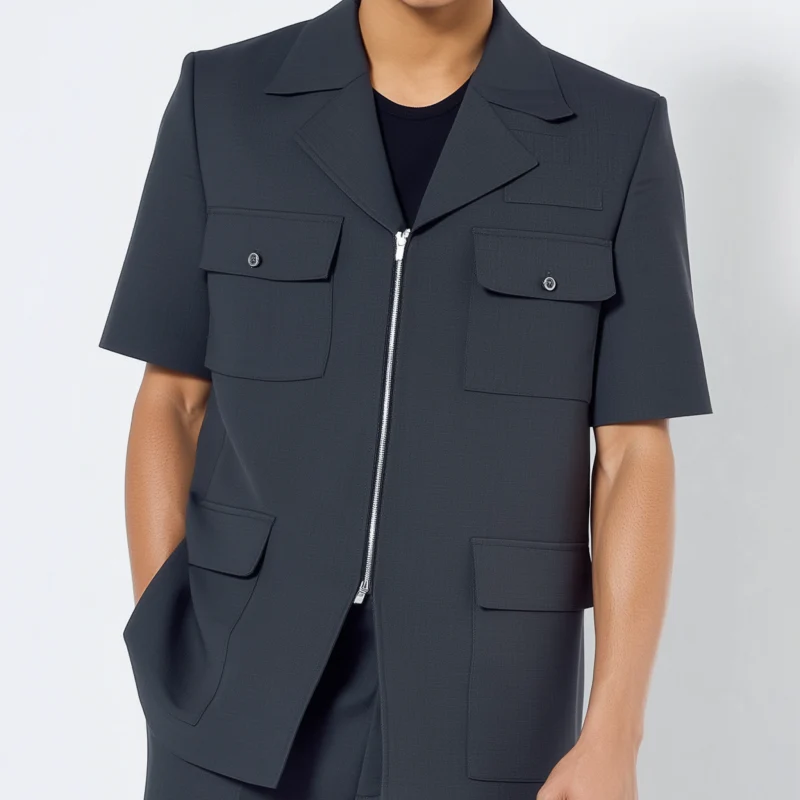 Vicente | Men'S Casual Solid Color Cotton Blend Notch Lapel Zipper Placket Multi-Pocket Short Sleeve Jacket - Image 3