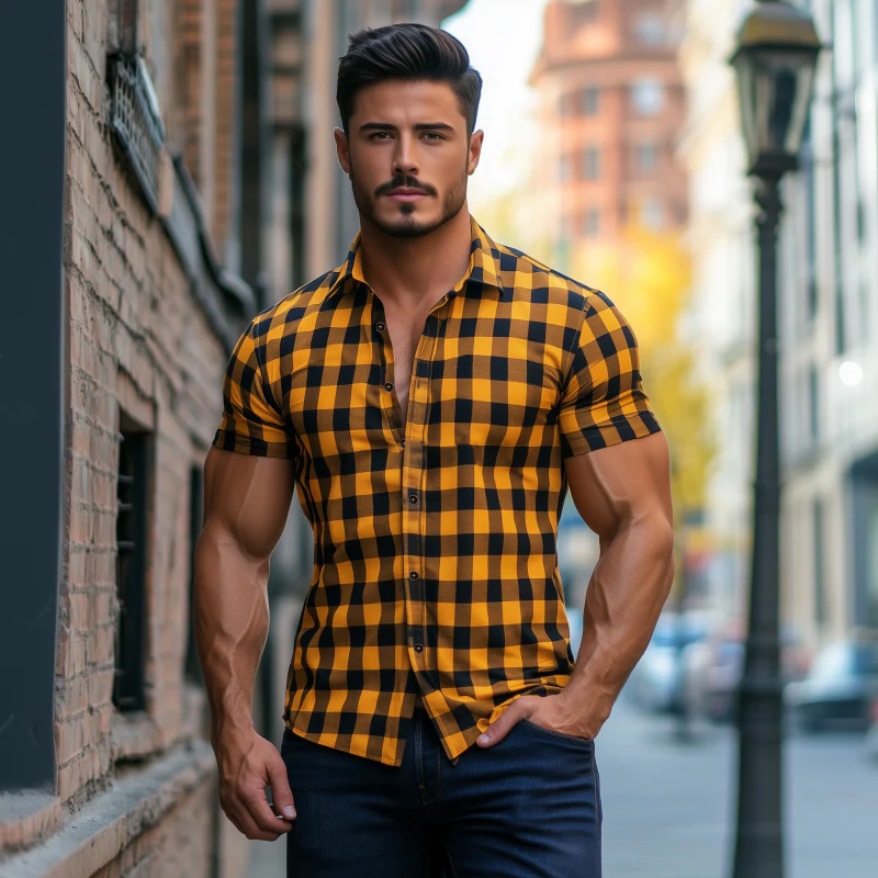 Vince | Men'S Casual Breathable Cotton Plaid Lapel Slim Fit Short Sleeve Shirt - Image 3