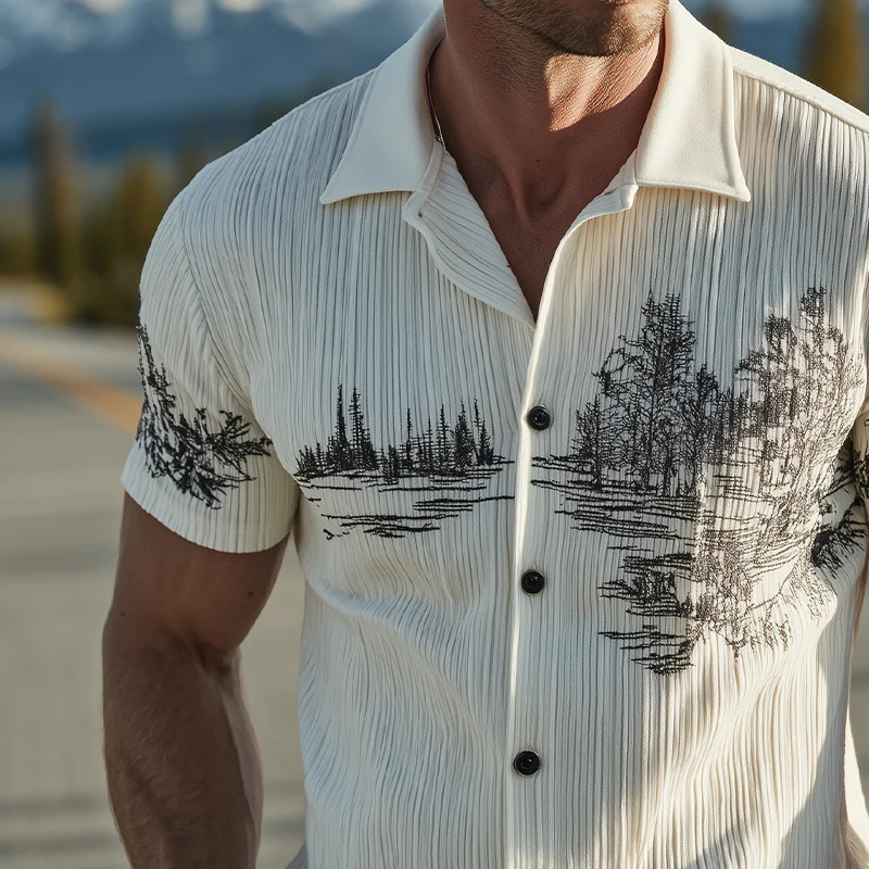 Vince | Men'S Spring And Summer Classic Casual Ribbed Texture Fabric Embroidery Slim Short-Sleeved Shirt - Image 4