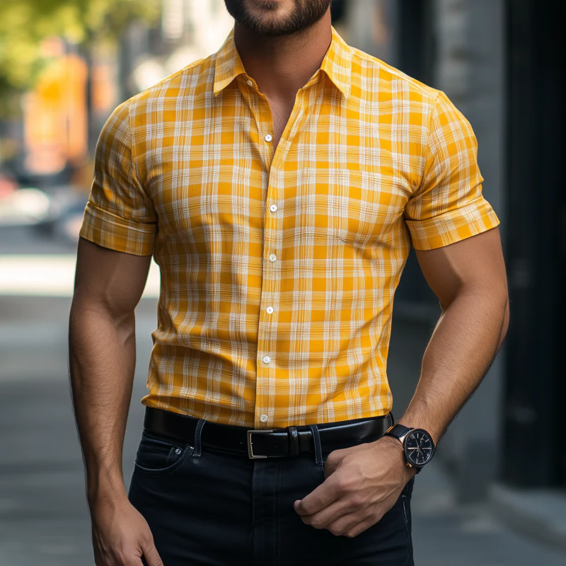 Virgil | Men'S Casual Breathable Cotton Plaid Lapel Slim Fit Short Sleeve Shirt - Image 2