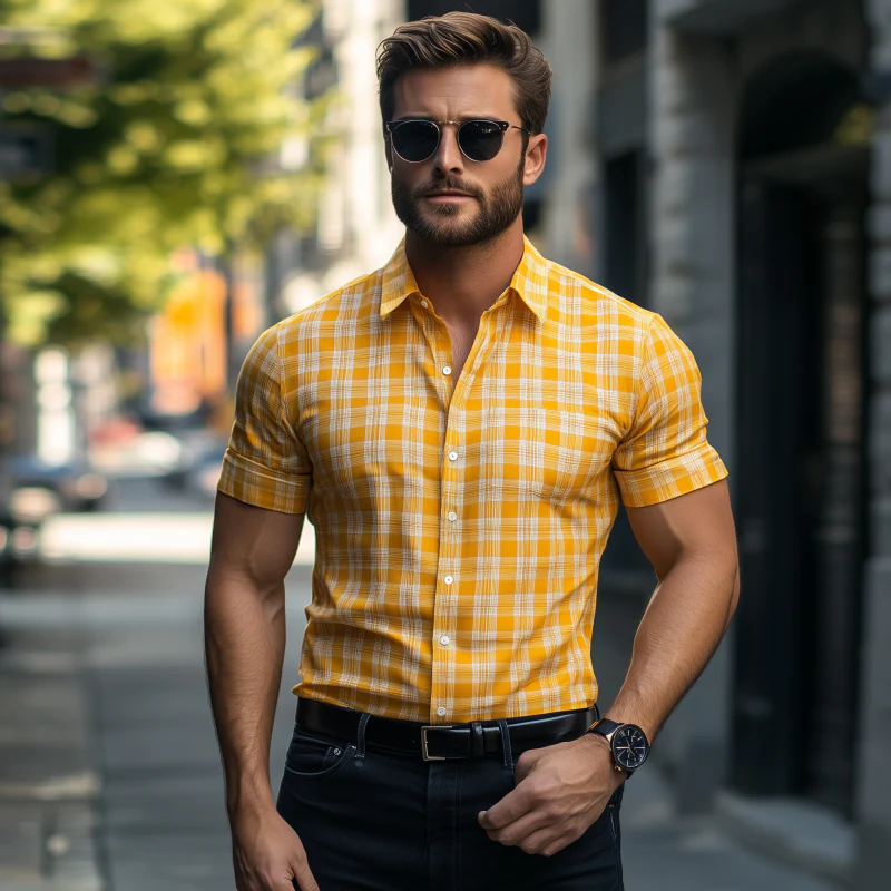 Virgil | Men'S Casual Breathable Cotton Plaid Lapel Slim Fit Short Sleeve Shirt - Image 3